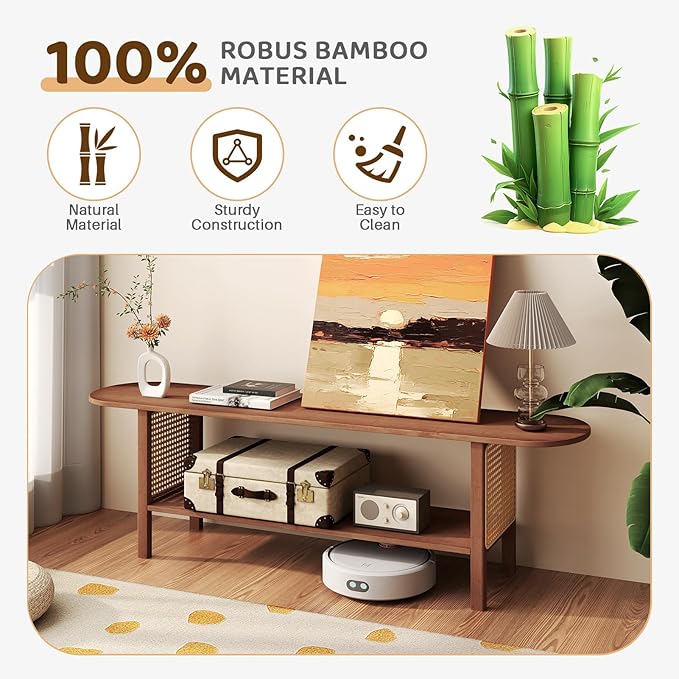 HollyHOME Bamboo TV Stand with Storage for TVs up to 65", Modern Enterta...