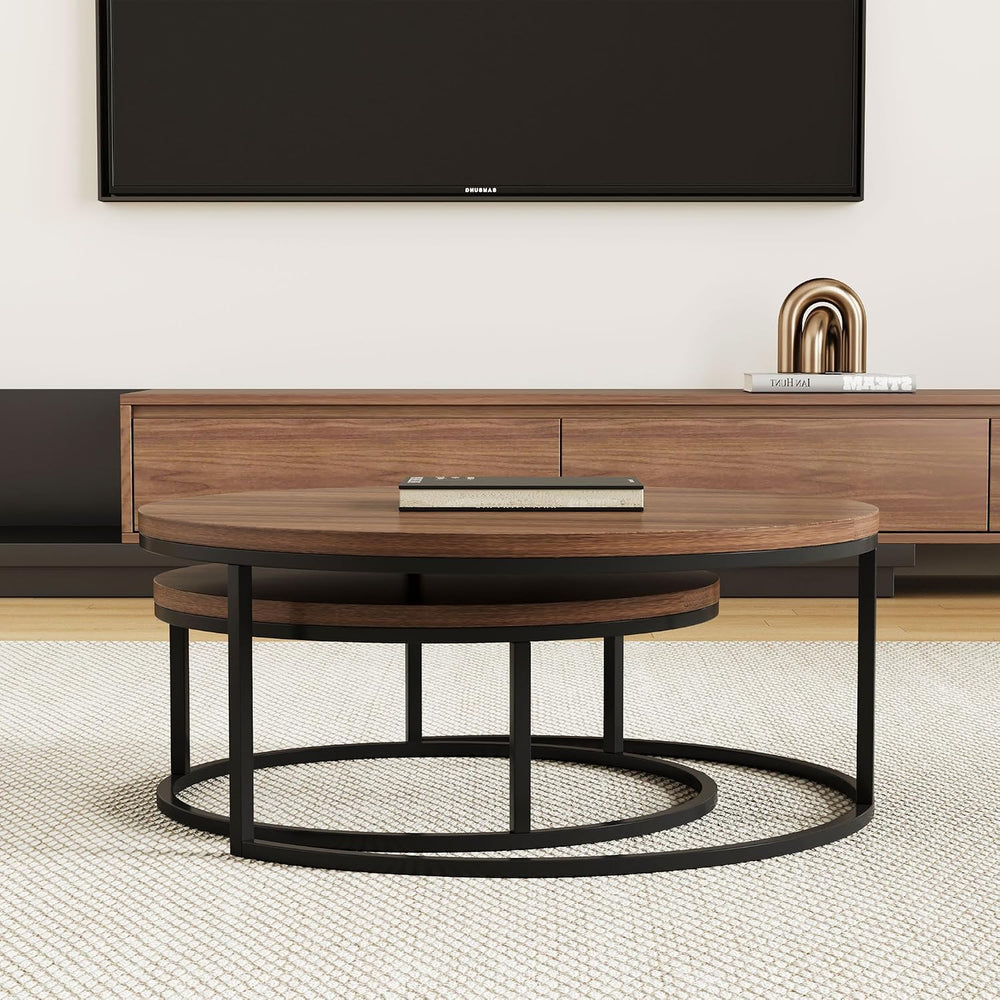 31.5" Round Coffee Table Set of 2, Nesting Cocktail End Tables | Small I...