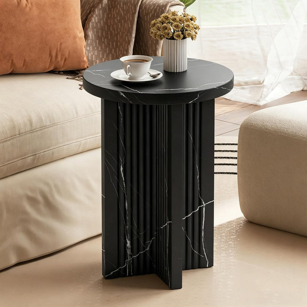 LEVNARY 15.7" Round Side Table with Marble-Look Top, Modern End Table wi...