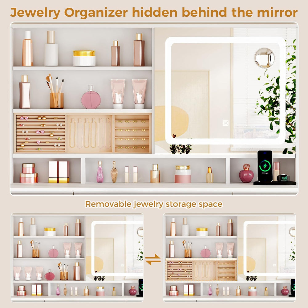 ANWBROAD Large Vanity Desk with Sliding Mirror and Lights& Jewelry Storag...