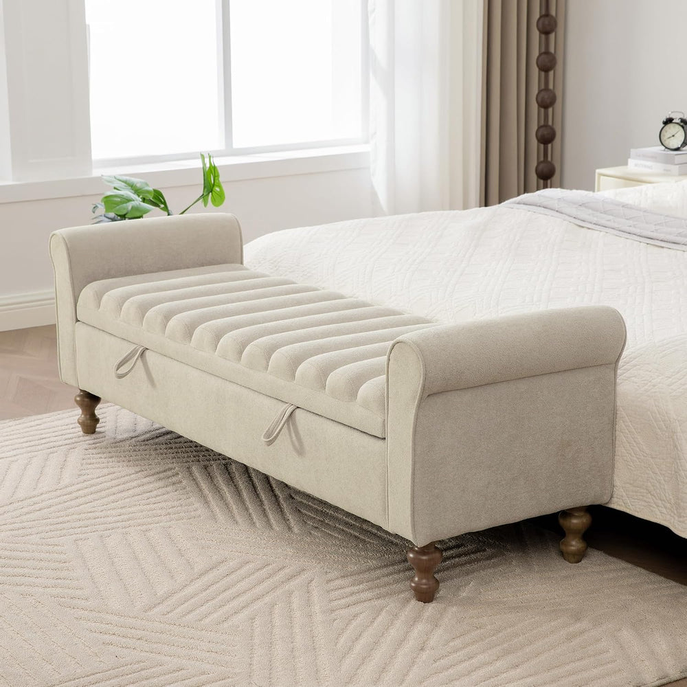 KEIKI 65.6" Modern Upholstered Storage Bench with Double Lids, Ottoman w...