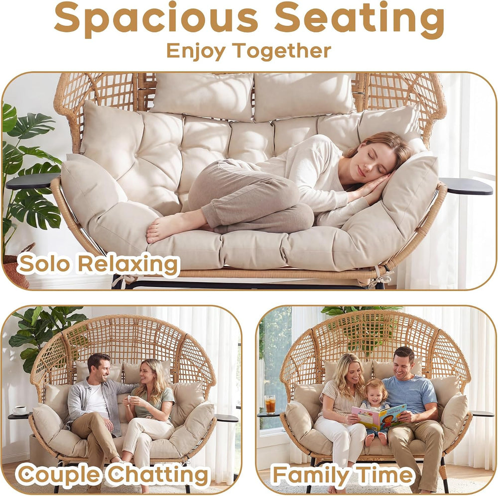 Double Egg Chair Outdoor Indoor 2 Person Wicker Egg Lounge Chair with Foldabl...