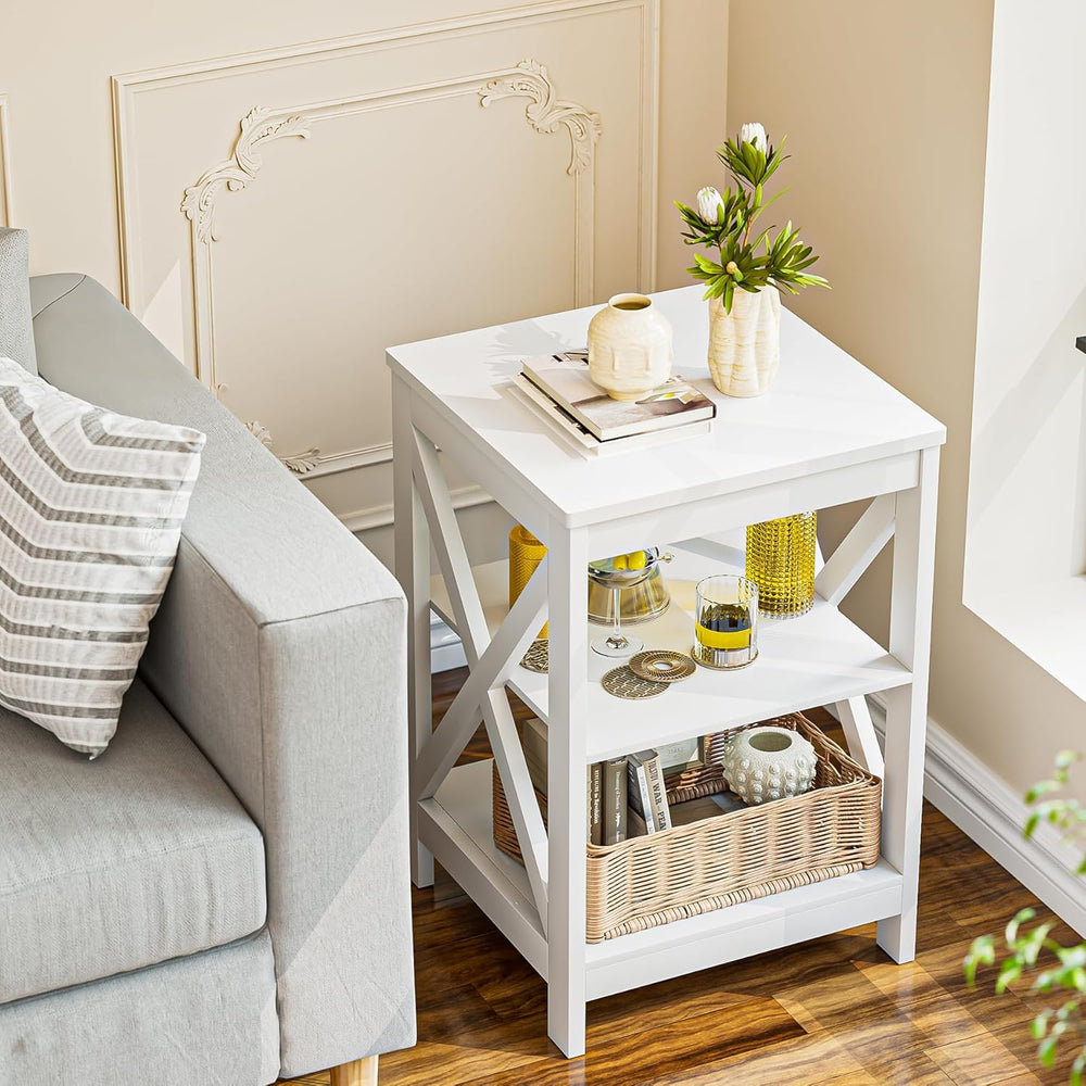 SEJOV Side Table for Living Room, White End Table with 3-Tier Storage Shelves...