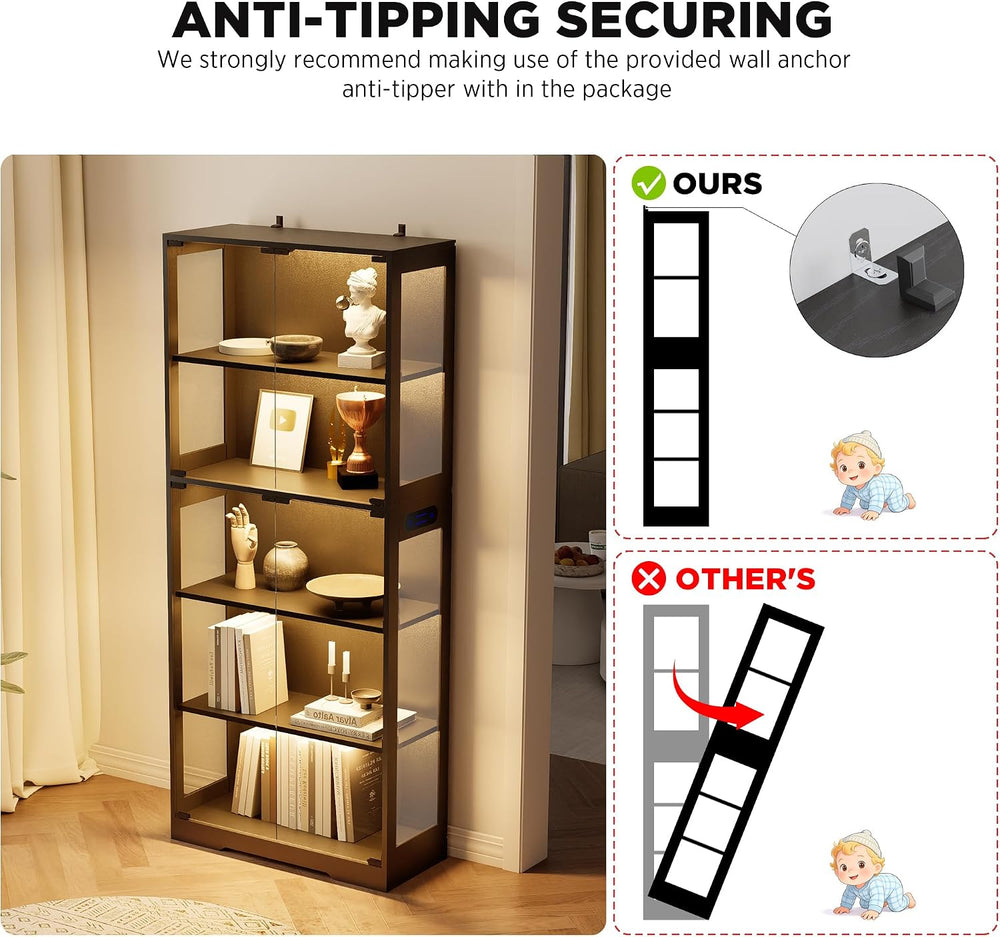 Display Cabinet with Glass Doors, 5-Tier 65" Glass Display Cabinet with ...