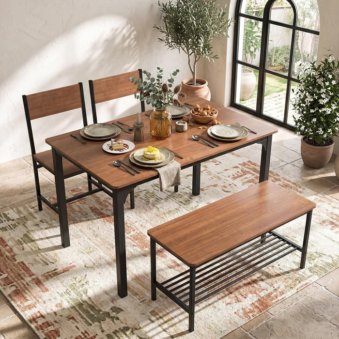 COSTWAY Dining Table Set for 4 w/Bench & 2 Chairs, Storage Racks, Brown