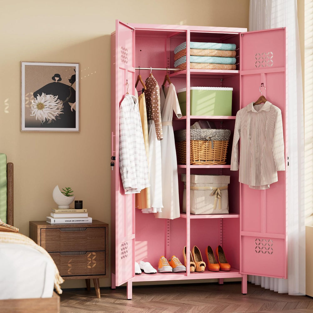 METAN Pink Metal Wardrobe Cabinet with Lock, 20-Inch Deep, 2 Doors | 71"...