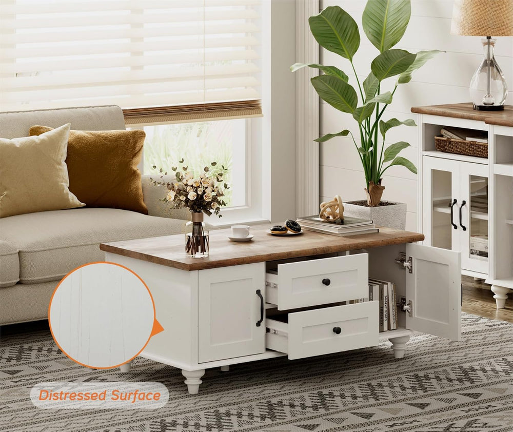 WAMPAT White Coffee Table Set of 3, One Wood Center Table with Drawers, 2 End...