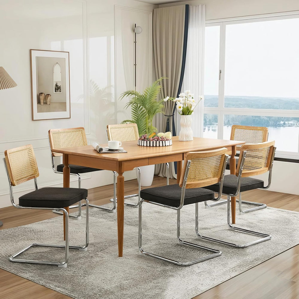 Rattan Back Linen Dining Chair Set of 6 Modern Stainless Chrome Base Armless ...