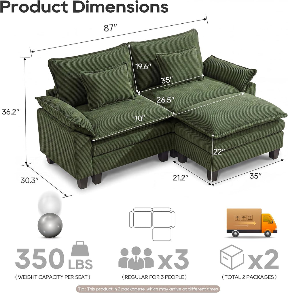 URRED Oversized Modular Sectional Sofa,Solid Green:87" L Shaped