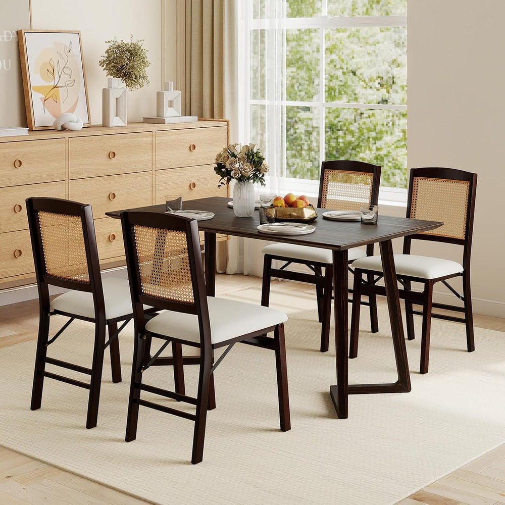 HAPPYGRILL Folding Dining Chairs Set of 4, Wood Kitchen Chair with Rattan Bac...