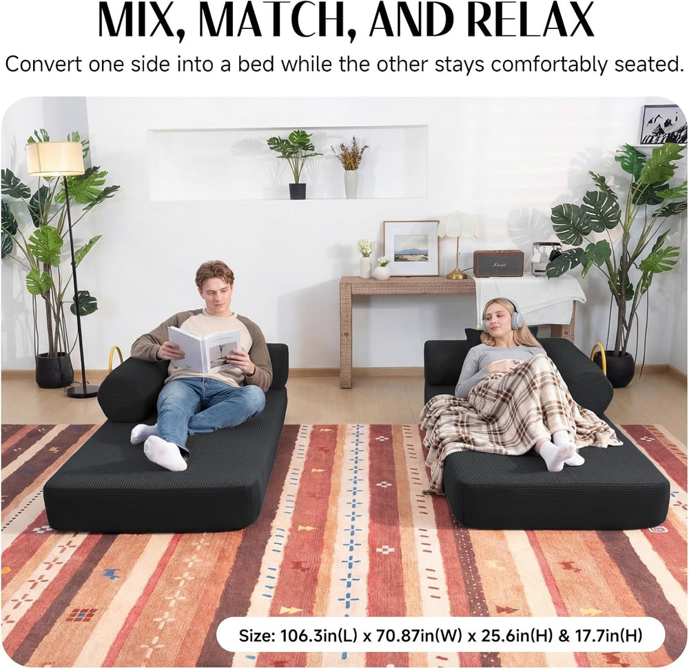 79" Corduroy Sofa Bed, Couch in a Box with 2 Pillows, High-Density Foam ...