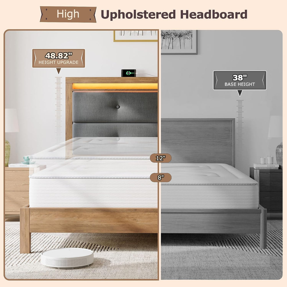 EnHomee King Size Bed Frame with Upholstered Storage Headboard,Grey