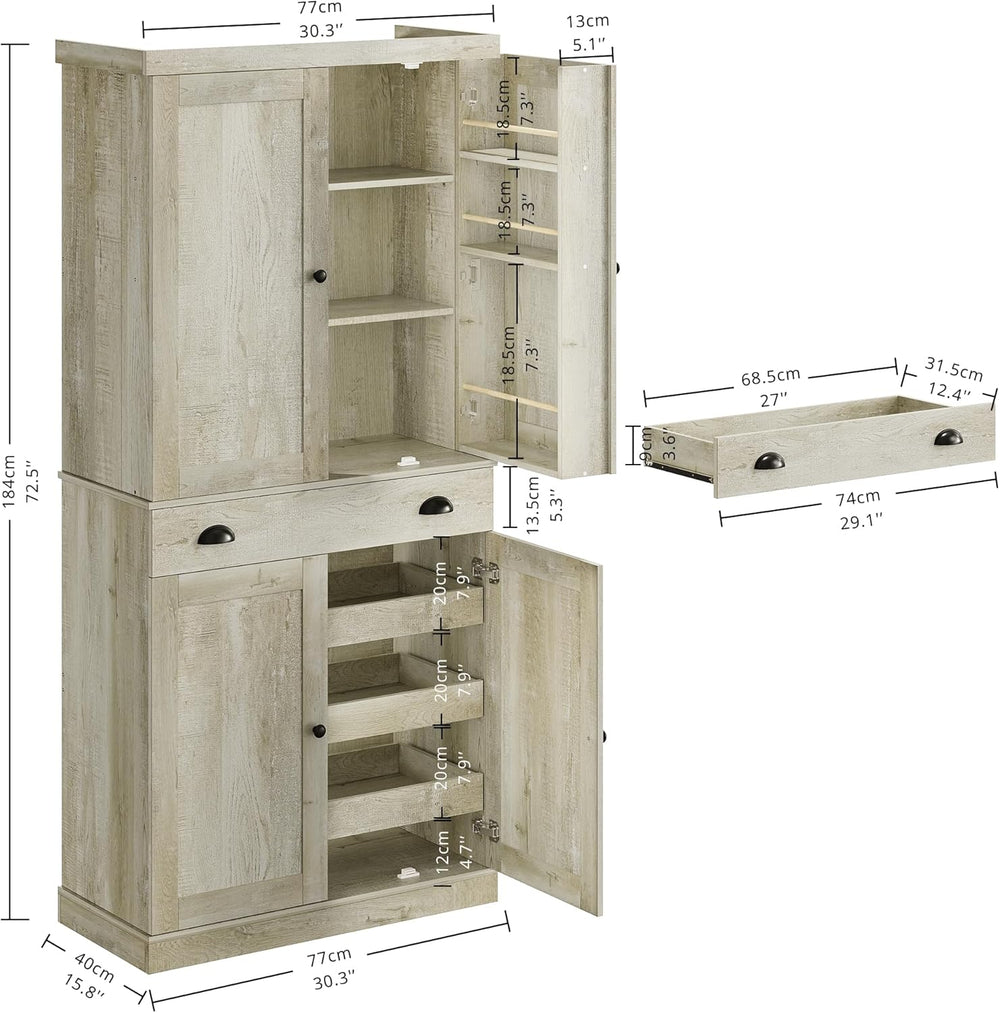 IRONCK Kitchen Pantry Cabinet 72" Height, Freestanding Cupboard with Dra...