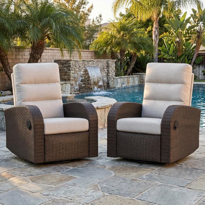 LayinSun Oversized Wicker Outdoor Swivel Glider Recliner with Adjustable Backrest & Footrest, Patio Reclining Lounge Chair - Set of 2
