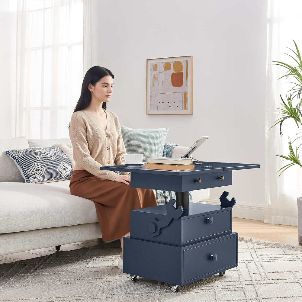 Adjustable Height Lift-Top End Table with Charging Station, High-Gloss Lacque...