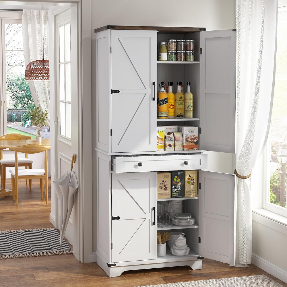 71" Tall Kitchen Pantry Storage Cabinet with Drawer & 4 Barn Doors, ...