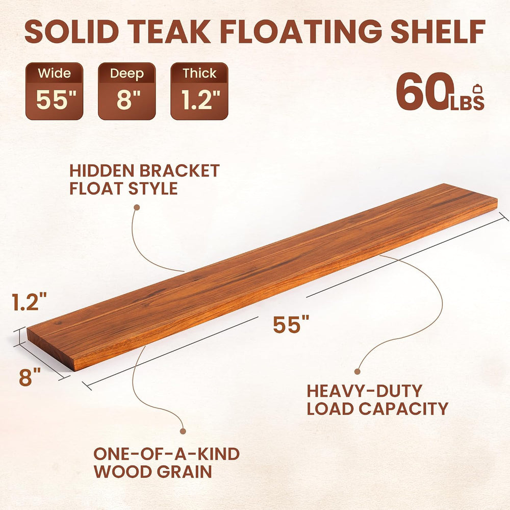 55" Solid Teak Floating Wall Shelf, Water Resistant & Sturdy Decor
