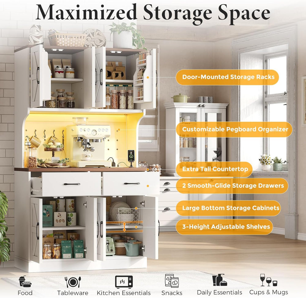 VK·LIVING 71" Kitchen Pantry Cabinet with LED Light & Charging Stati...