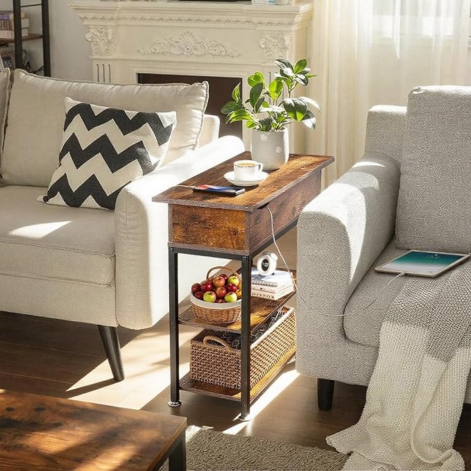 Rotating Top End Table with Charging Station, Side Table with USB Ports and O...
