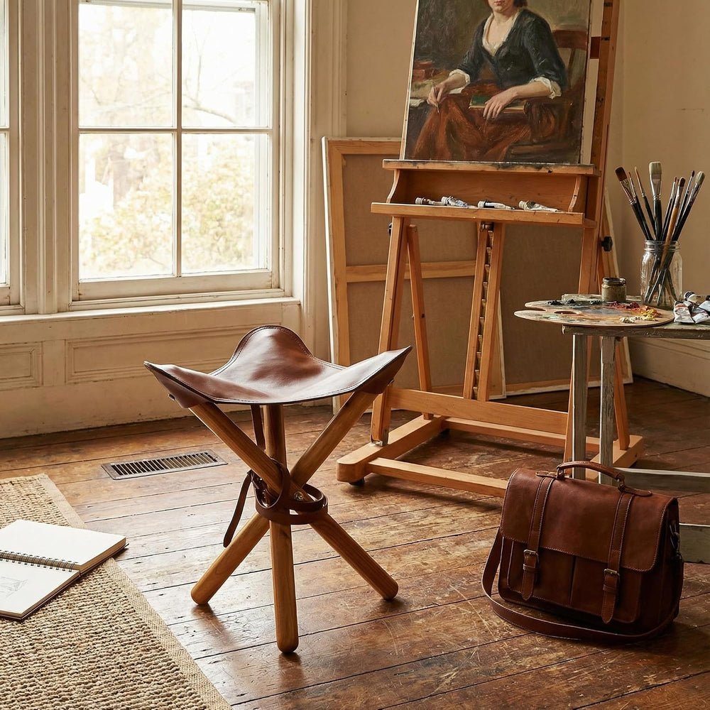 Bare Decor Cuspand Teak and Genuine Leather Artist Folding Accent Stool in Brown