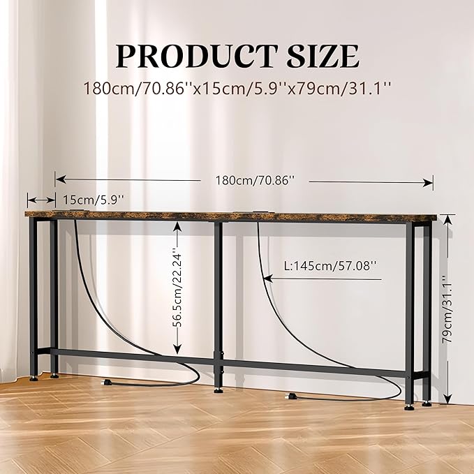 GRLEAF 70" Sofa Table with Built-in Power Strip (4 AC Outlets & 4 US...
