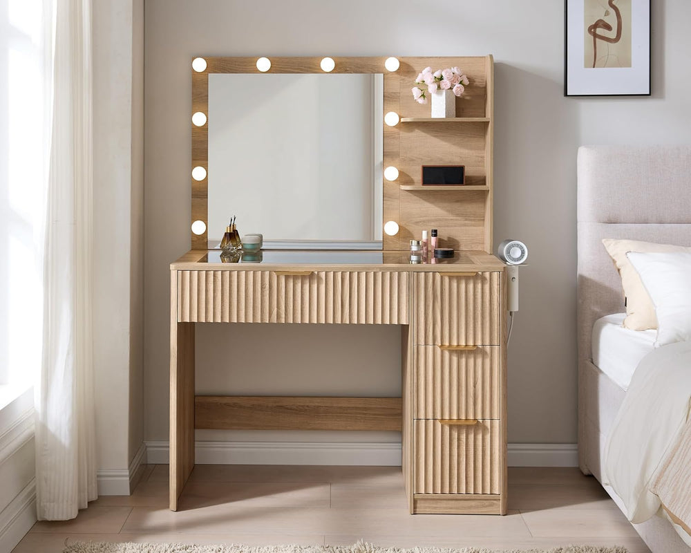 AMERLIFE 36.2" Fluted Vanity Desk with Mirror and Lights, Natural Oak | ...