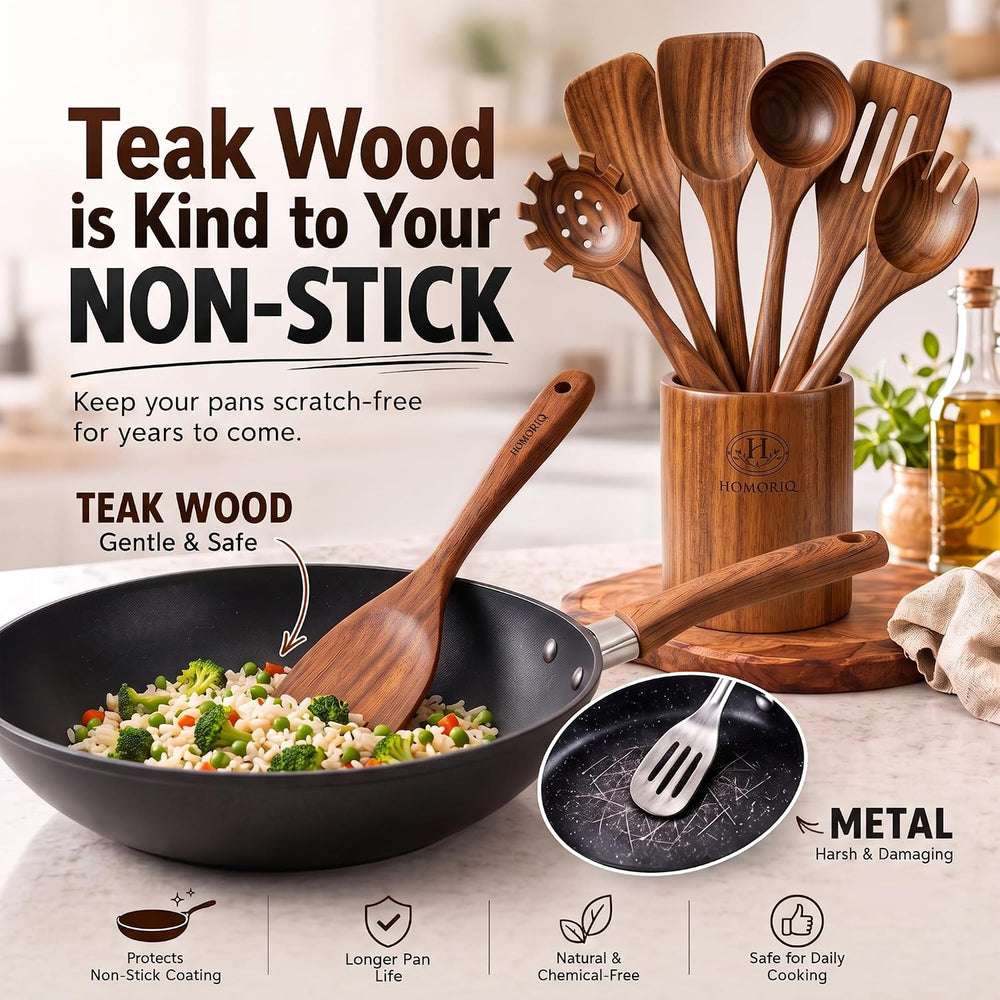 12-Piece Premium Teak Wooden Cooking Utensils Set – Heat-Resistant Spoons &am...