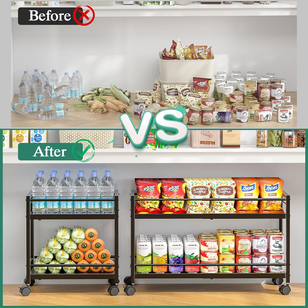 2-Tier Expandable Rolling Pantry Cart with Wheels, Adjustable Floor Organizer...
