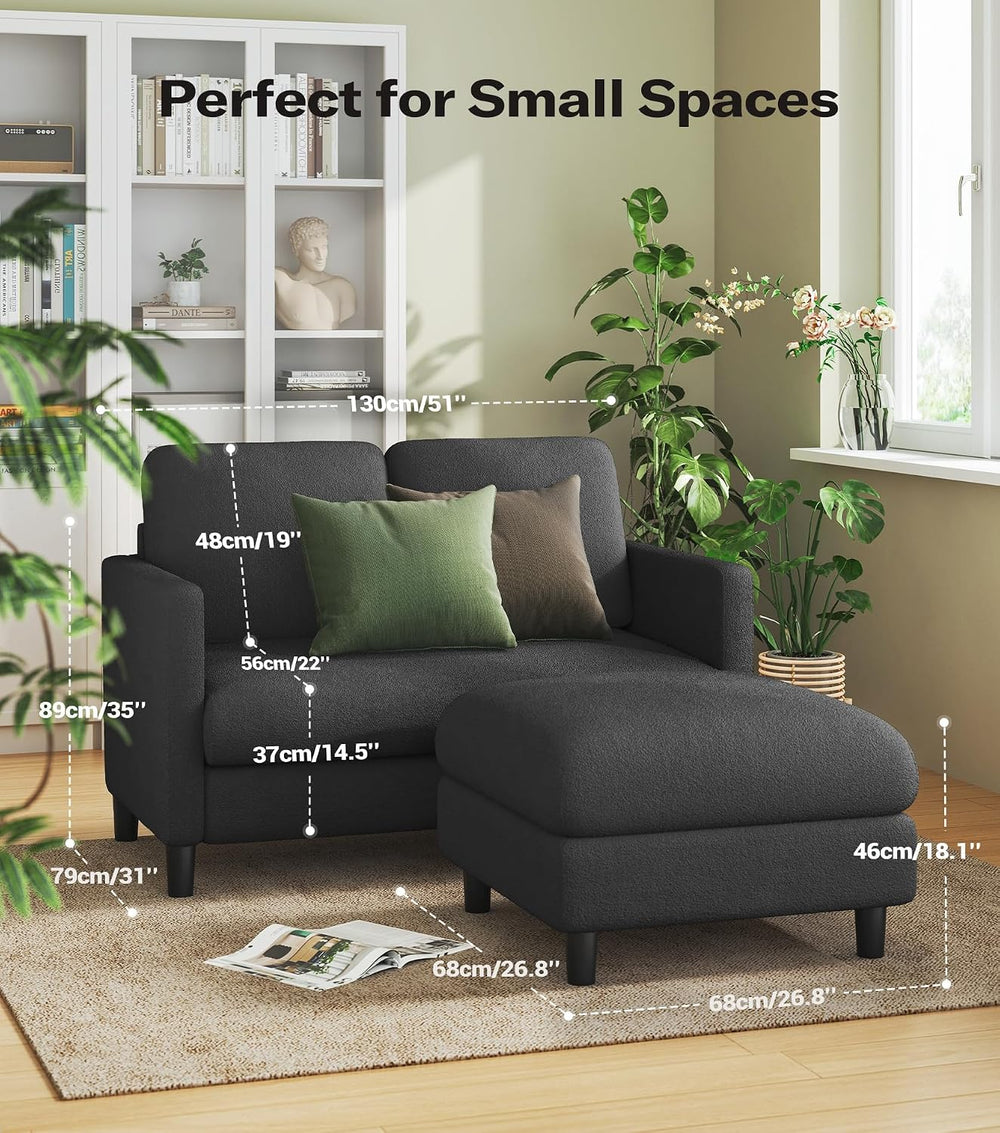 Welzona Loveseat Sofa with Ottoman, 51" Small L Shaped Teddy Couch Sofa