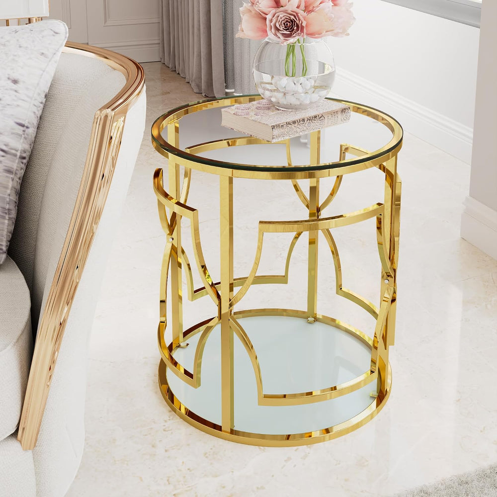Polibi 19.7" Round Gold Metal End Table with Tempered Glass Top & 2-...