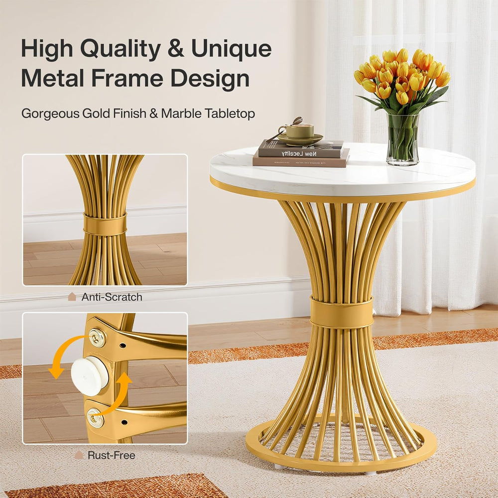 Tribesigns Round End Table, Modern Faux Marble Side Table with Gold Metal Bas...