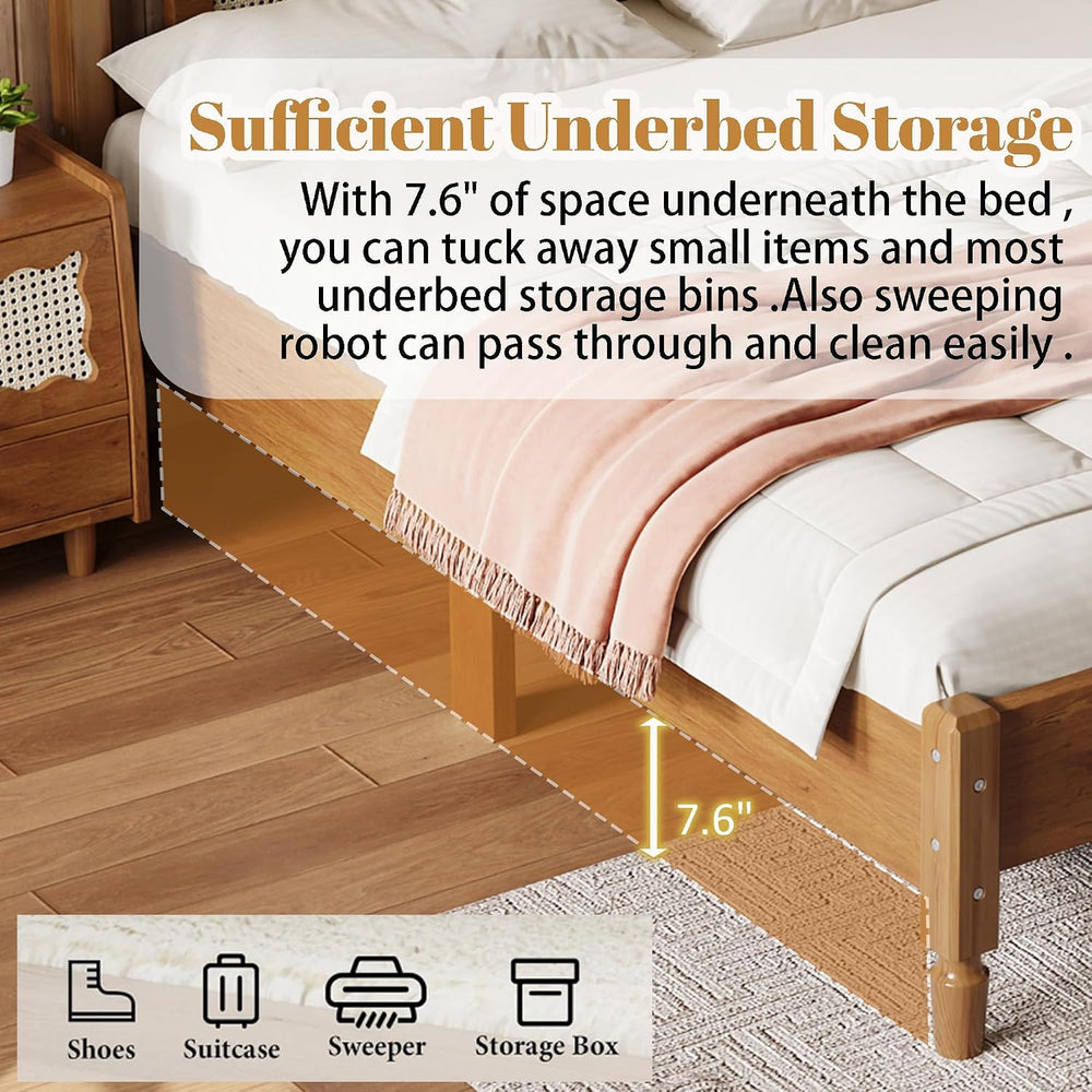 Full Size Wood Bed Frame with Rattan Headboard, Solid Wood Platform Bed Frame...