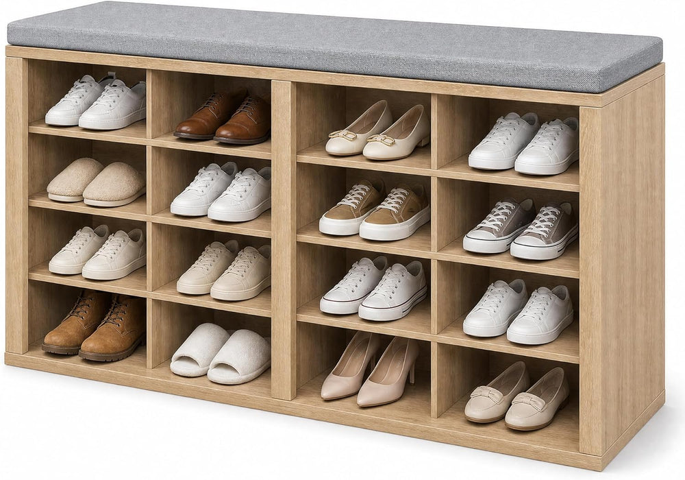 Shoe Storage Bench with Cushion, 16-Cubby Entryway Bench with Adjustable Shel...