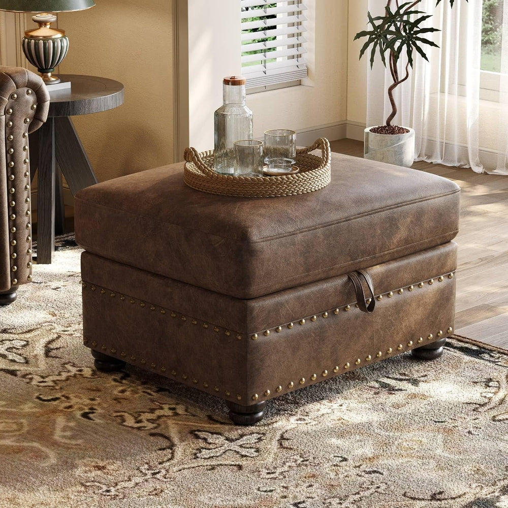 ONBRILL Faux Leather Ottoman with Storage, Rectangle Leather Foot Stool | Ott...