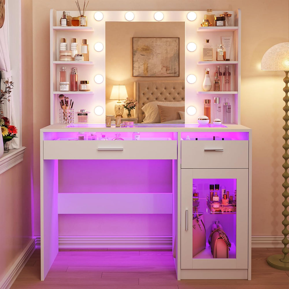 ALEXNUTRE Vanity Desk, Makeup Vanity Desk with Mirror and Lights 3 Colors, Tr...