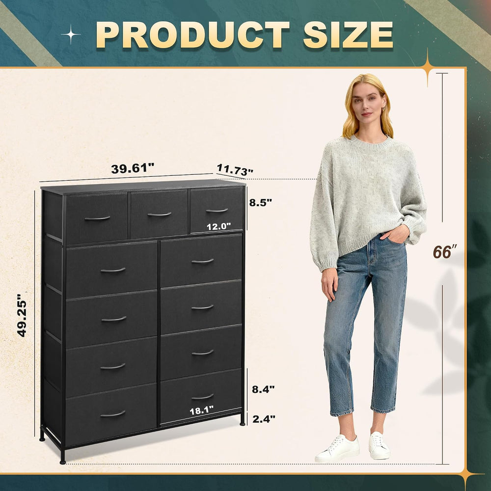Tall Console Table with 11 Fabric Drawers, Black | Entryway Table with Storag...