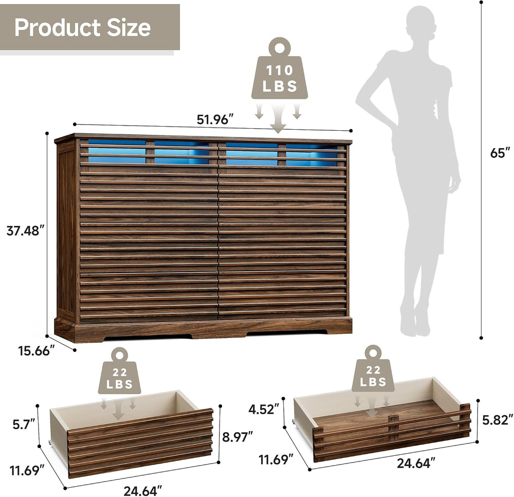52"W Walnut 8 Drawer Dresser with LED Lights Fluted Dresser for Bedroom