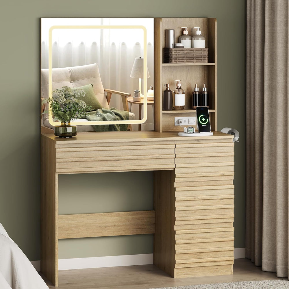 Vanity Desk with Lights, Fluted Vanity with 4 Drawers, Open Shelves, Power Ou...