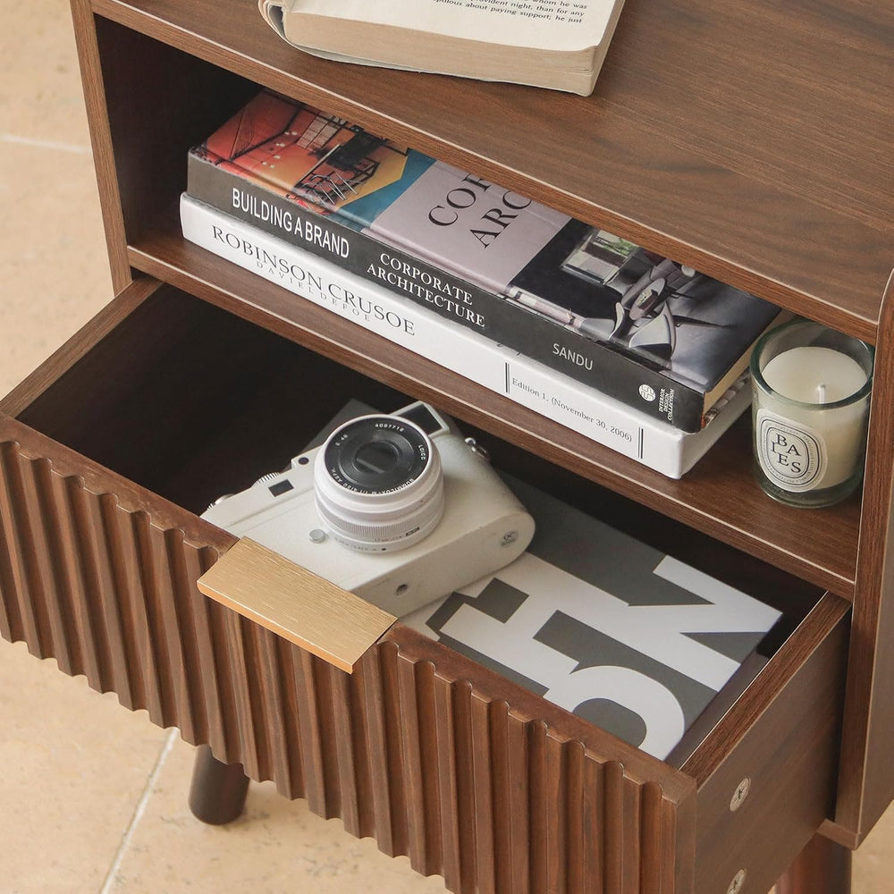 Night Stand, Mid Century Modern Nightstand with Fluted Drawers and Open Shelf...