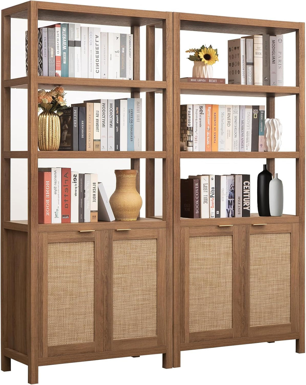 SICOTAS 71" Tall Rattan Bookshelf with Doors for Living Room Library