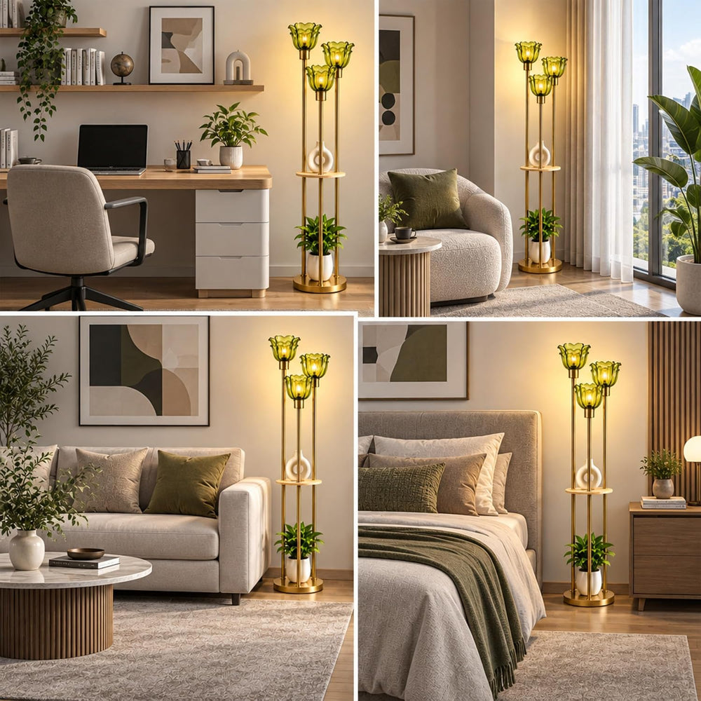Fiqevs 3 Flower Mid Modern Glass Floor Lamp with Shelves for Living Room