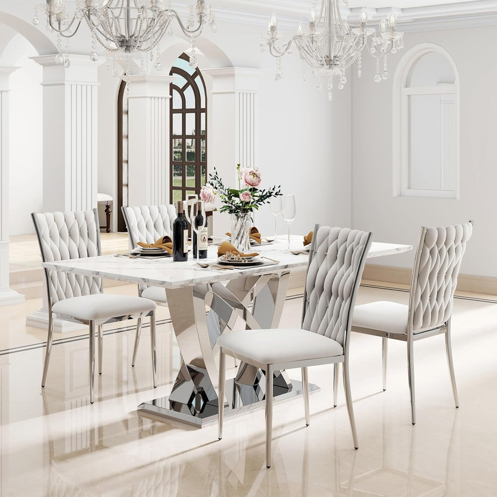 Modern Dining Chairs Set of 4, Light Grey Velvet Woven Kitchen Chair with Sil...
