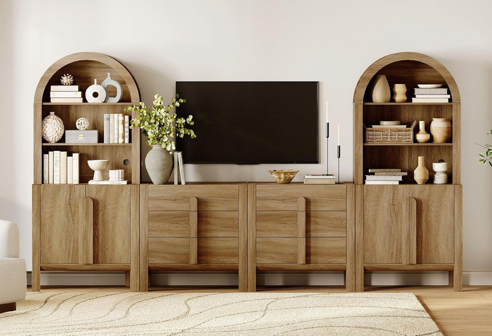 WAMPAT 6 in 1 71" Arched Bookcase with Doors, Walnut