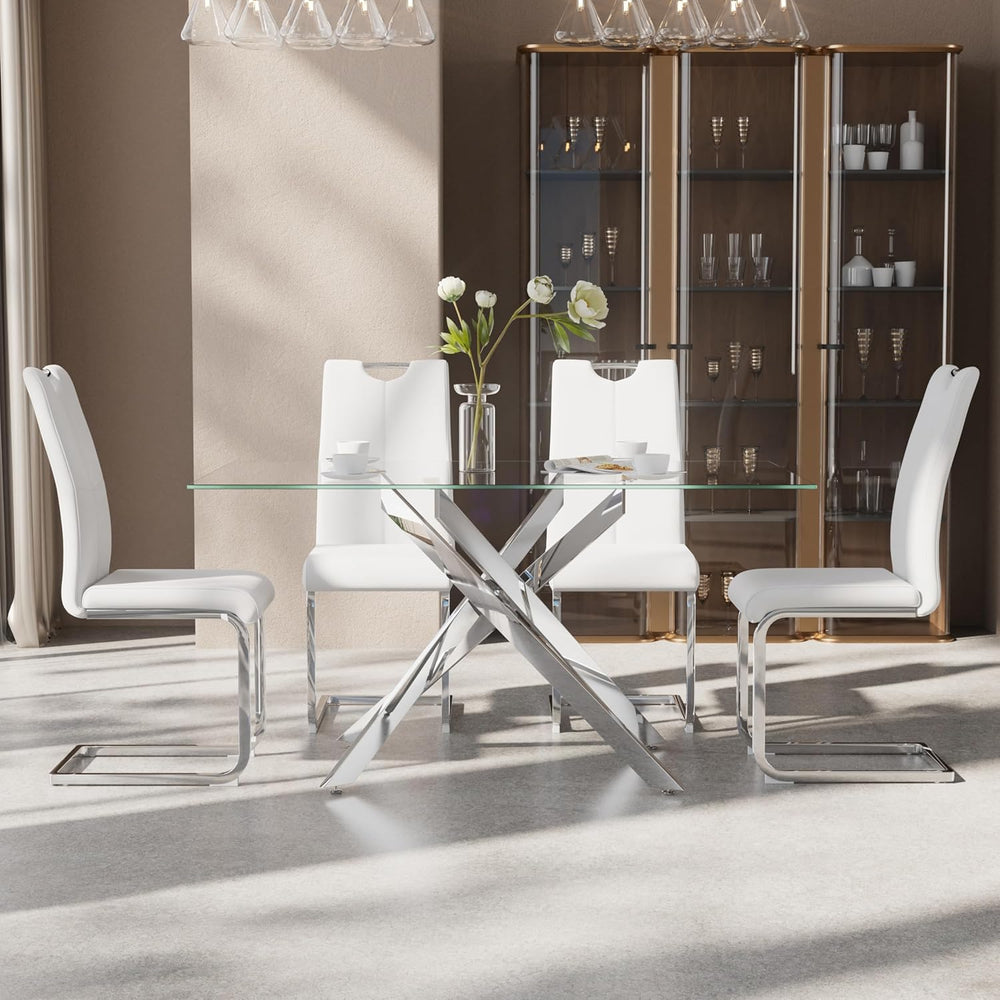 5-Piece Dining Table Set for 4, Modern Rectangular Glass Table with 4 Upholst...