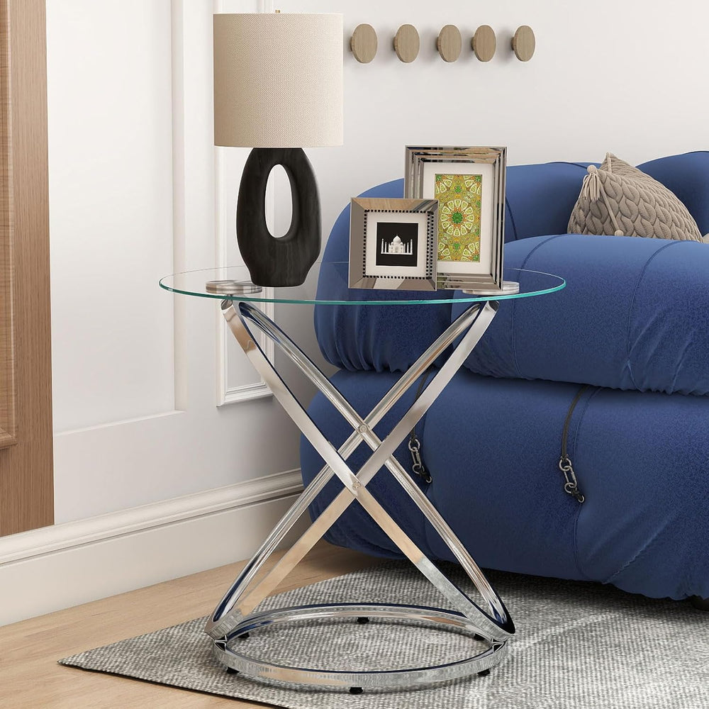 OIOG Glass Round End Table, Modern Contemporary Side Table for Small Space wi...