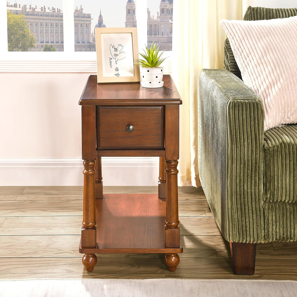 Set of 2 Narrow End Table with Drawer, 2-Tier Tables, Cherry Brown | Skinny E...