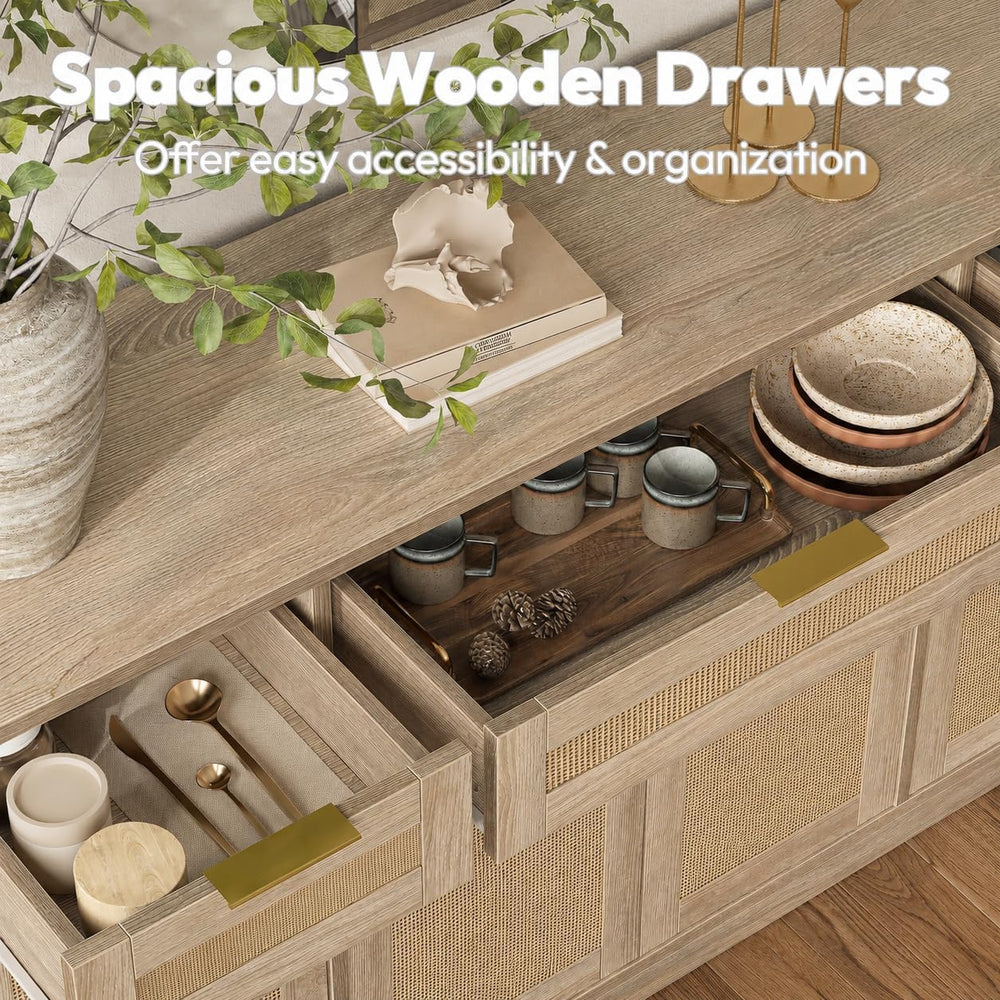 TIQLAB 55" Rattan Sideboard Buffet Cabinet with Storage, 4 Doors Credenz...