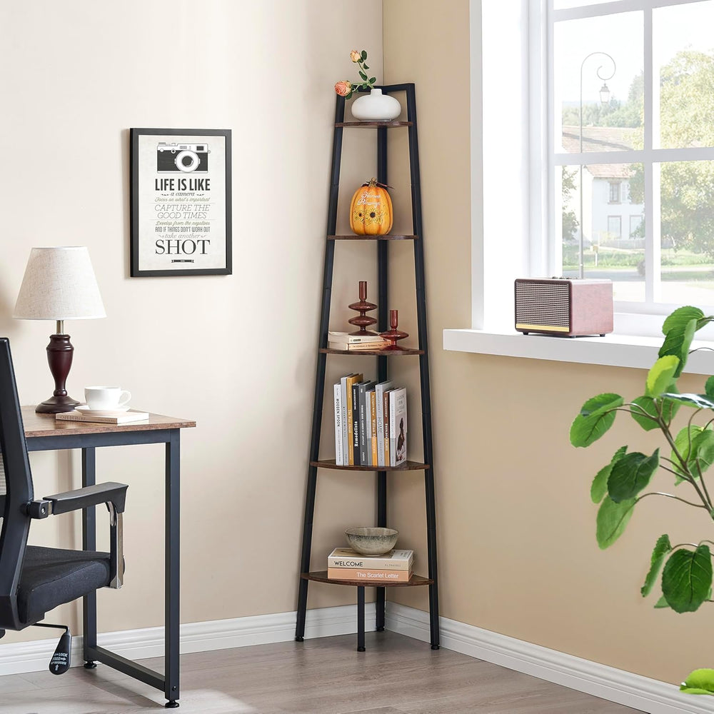 Hoctieon Corner Shelf, 5-Tier Corner Bookshelf, Rustic Ladder Shelf, Industri...