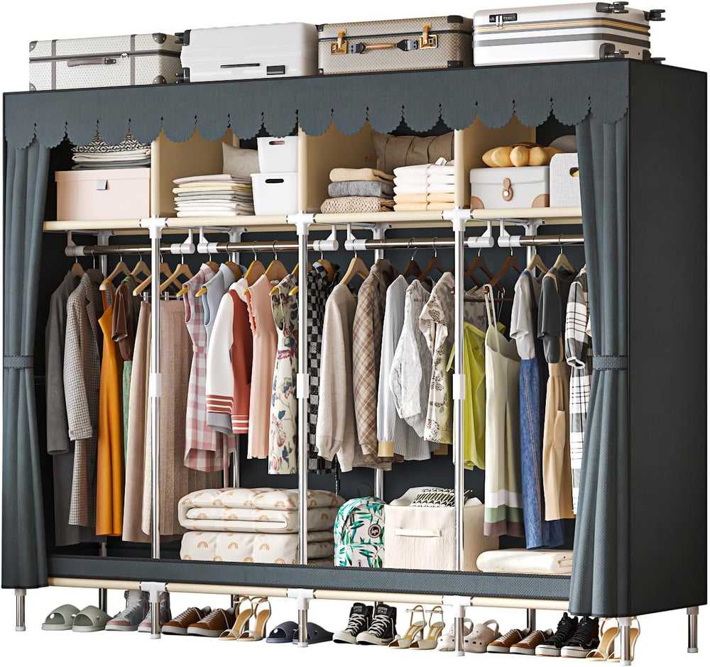 Large Portable Armoire Wardrobe Closet with 4 Hanging Rods and Lockers,Metal ...
