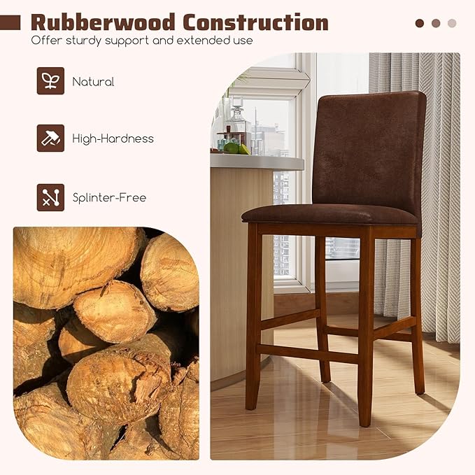 COSTWAY Upholstered Counter Height Bar Stools Set of 2, 26'' Wooden K...